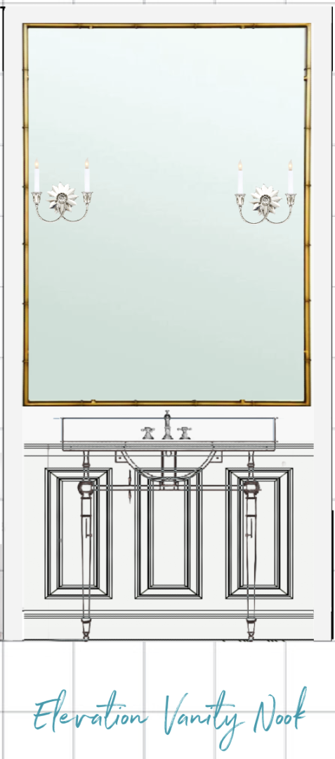 White vanity area with large mirror
